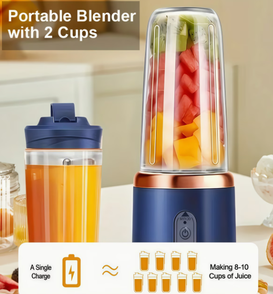 Portable USB Rechargeable Blender Cup – 6-Blade Juicer with Dual Cups